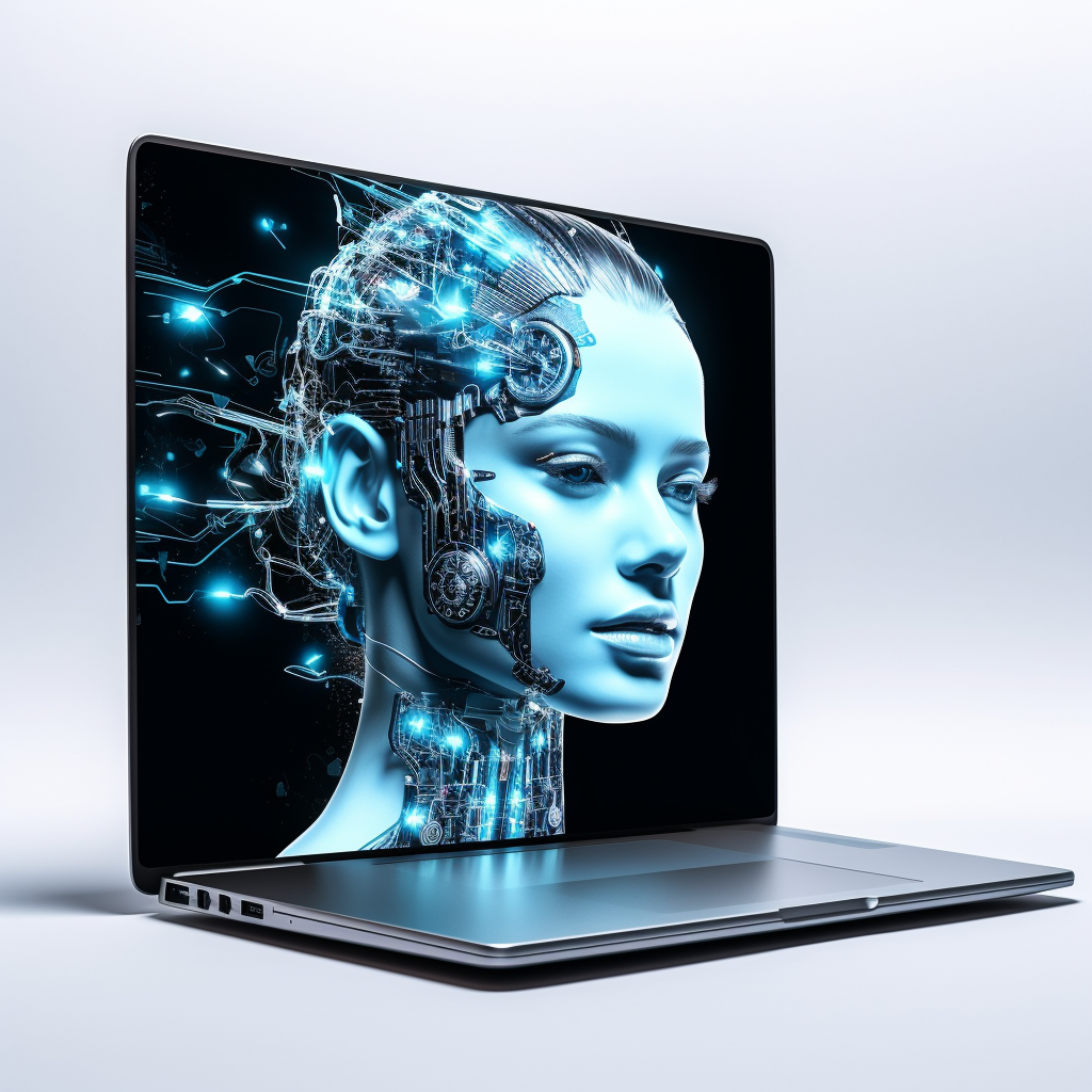mesterséges intelligencia egy női fej formájában jelenik meg laptopon